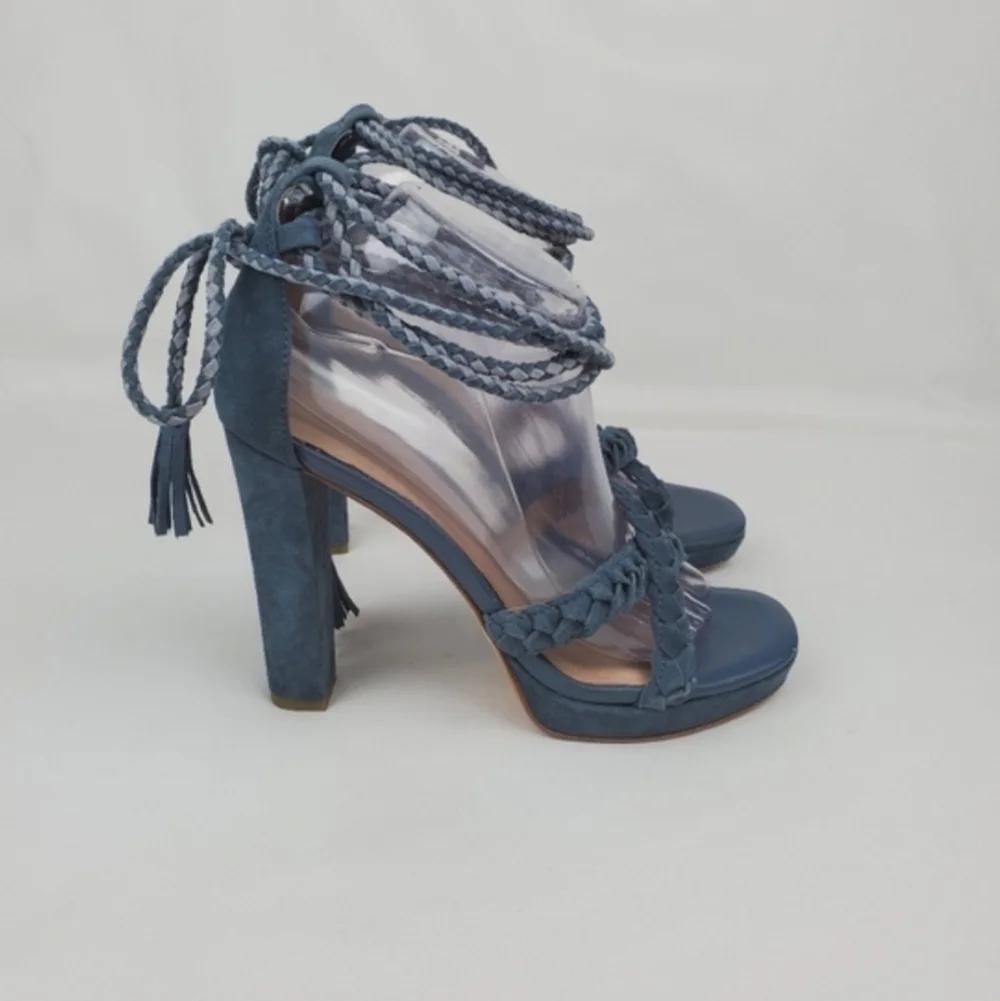 Joie blue leather lace up chunky heels sandals